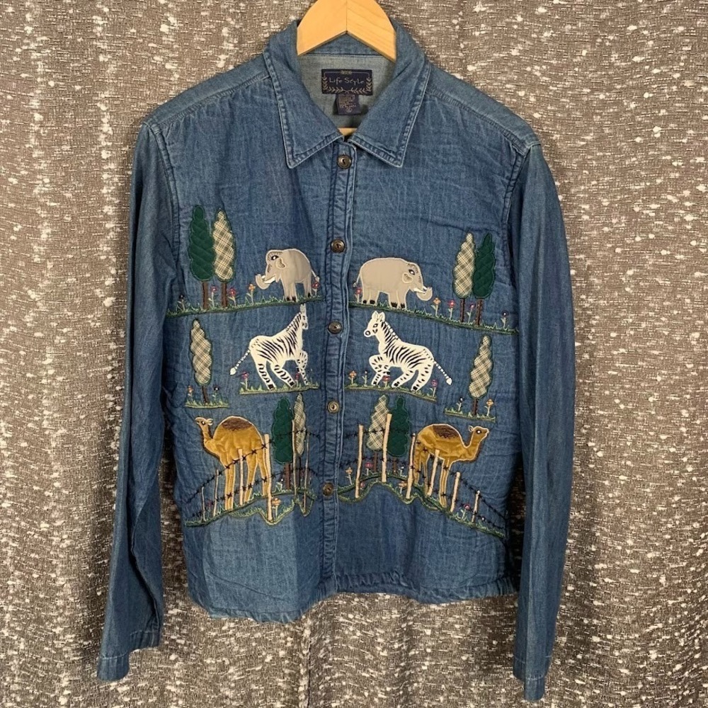 Vintage‎ Life Style Denim Button Up Jacket Embroidered Animals Women's XL